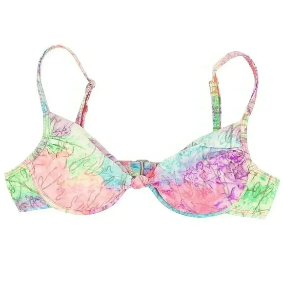 Vintage 80s Bikini Top Size 34B Pastel Neon Abstract Padded Swim Suit Top 1980s - Picture 1 of 4